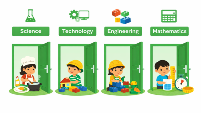 4 trụ cột của STEM: Khoa học, Công nghệ, Kỹ thuật, Toán học với ví dụ hoạt động thực tế cho trẻ