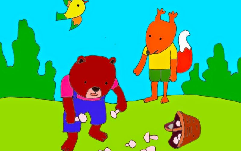 Gấu đã không may va phải bạn Sóc làm đổ hết giỏ nấm của Sóc