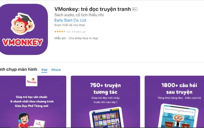 VMonkey là ứng dụng kể chuyện cho bé với hàng nghìn đầu sách đa dạng